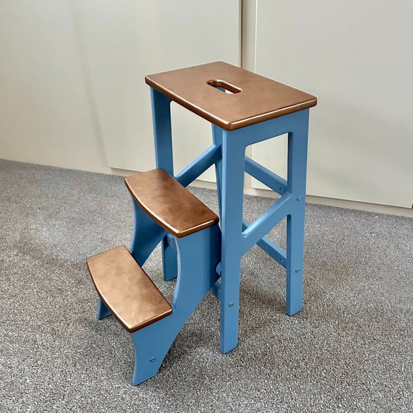 Dusty Blue Wooden Folding Step Stool – Handmade in Britain