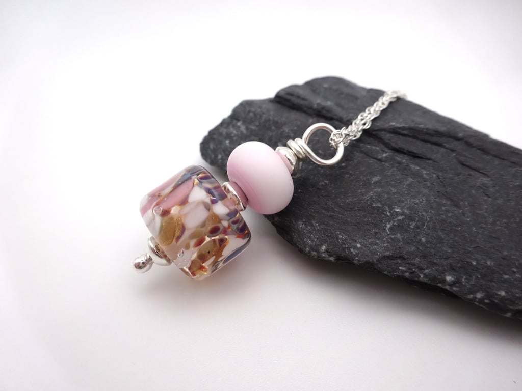 pink lampwork glass pendant necklace, sterling silver chain