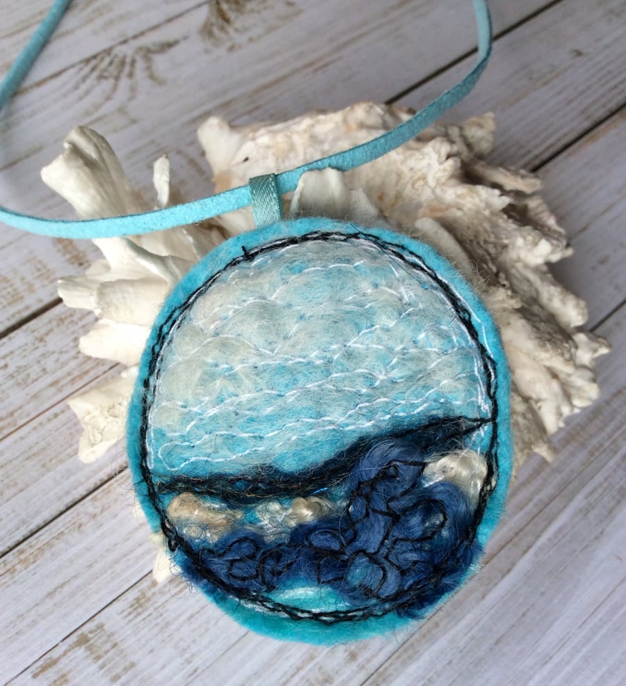 Handmade needle felted seascape necklace. 