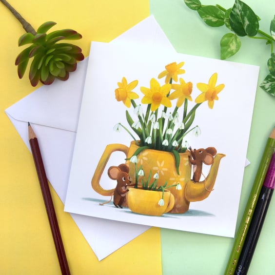 Daffodil and Snowdrop Mother's Day Card Illustrated Mouse Card Tea Pot Card