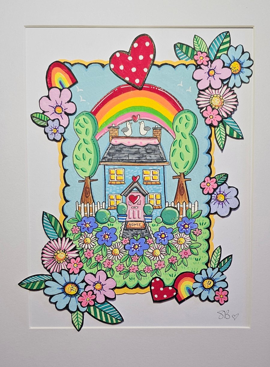 Cute little colouful cottage layered rainbow painting