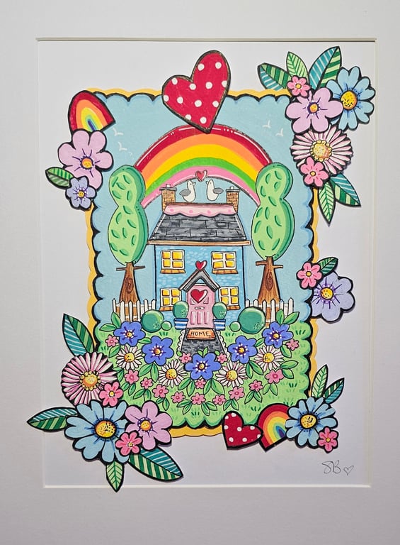Cute little colouful cottage layered rainbow painting