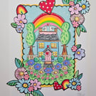 Cute little colouful cottage layered rainbow painting