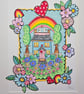Cute little colouful cottage layered rainbow painting