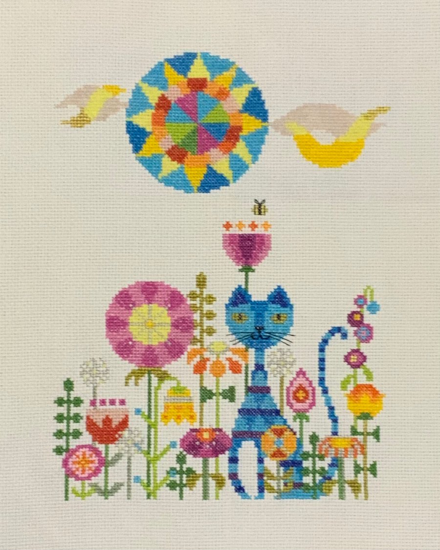 Complete Cross Stitch; Garden Cat, Cat Cross Stitch Gift, Framed Cross Stitch