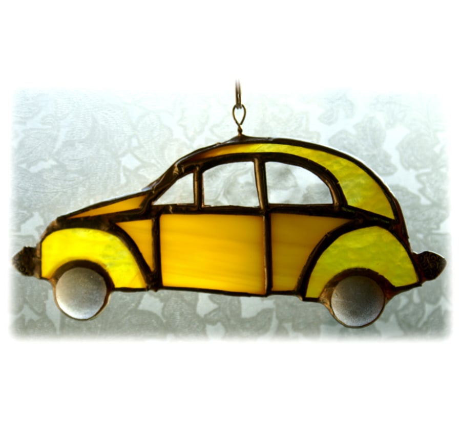 VW Beetle Suncatcher Stained Glass Classic Yellow Love Bug Car