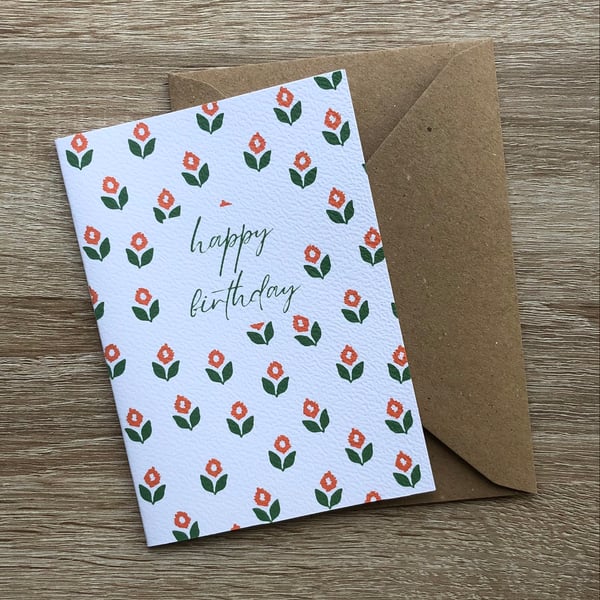 Floral Birthday Card, Flower Birthday Card, Illustrated Birthday Card, Handmade 