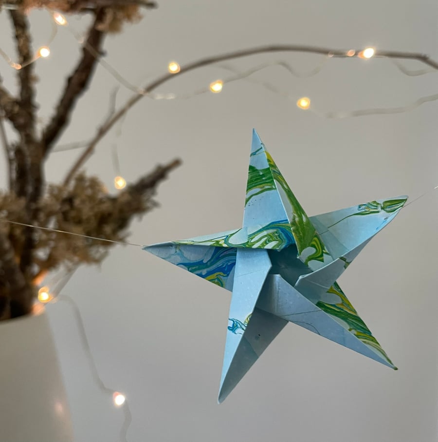 Hand Marbled Star Garland, Folded Paper Origami Stars, Original Patterned Paper 
