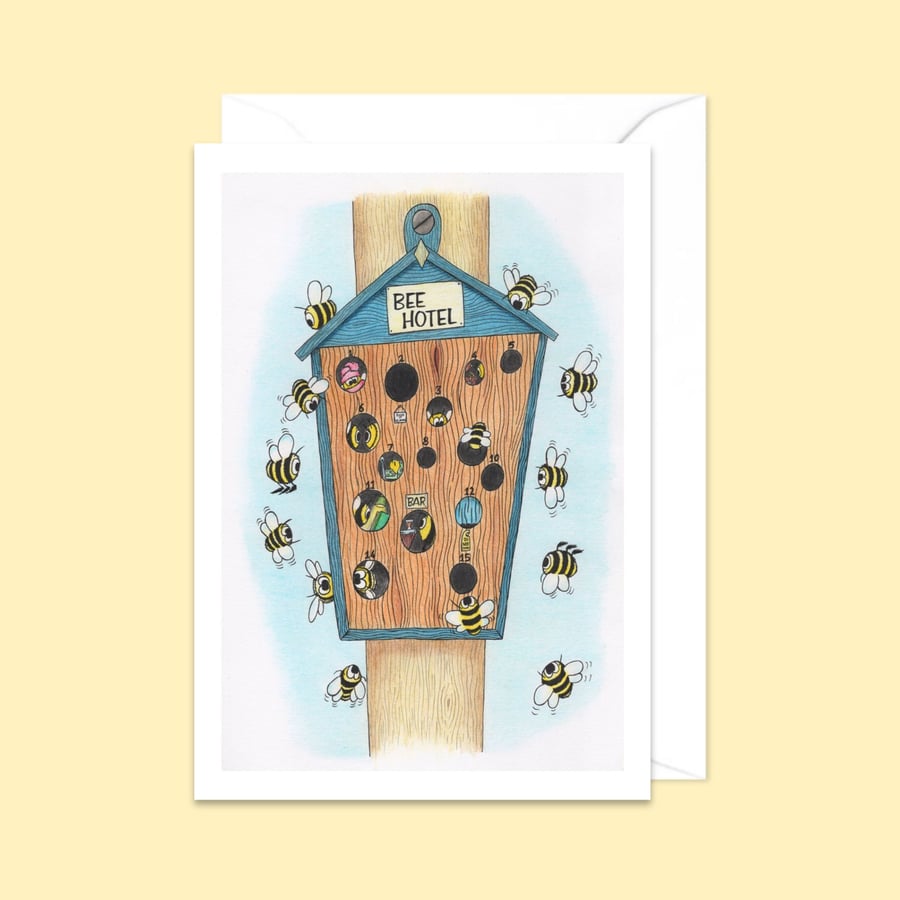 Bee Hotel Greeting Card: Hand Drawn Busy Bee Illustration (215)