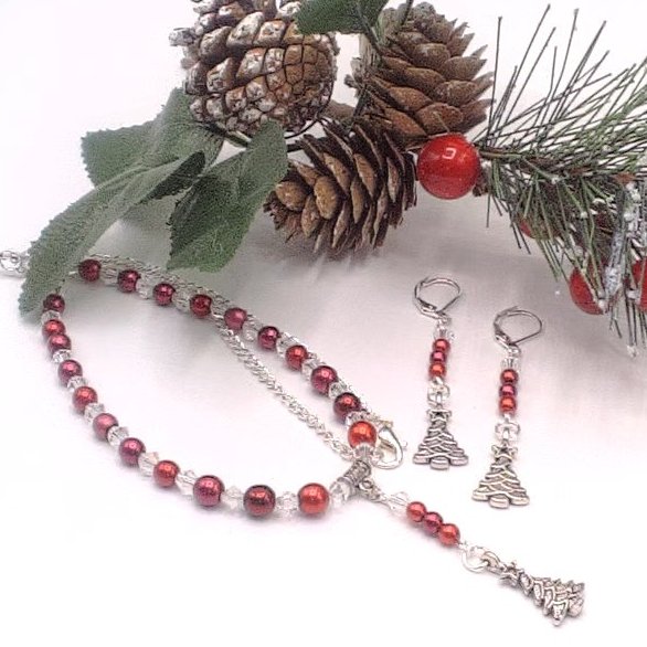 Pearl & Crystal Necklace and Earrings with Christmas Tree Charms, Christmas 2025