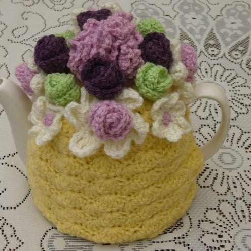 4-6 Cup Crochet Tea Cosy Cosie Cozy Yellow with Garden Top  (Made to order)