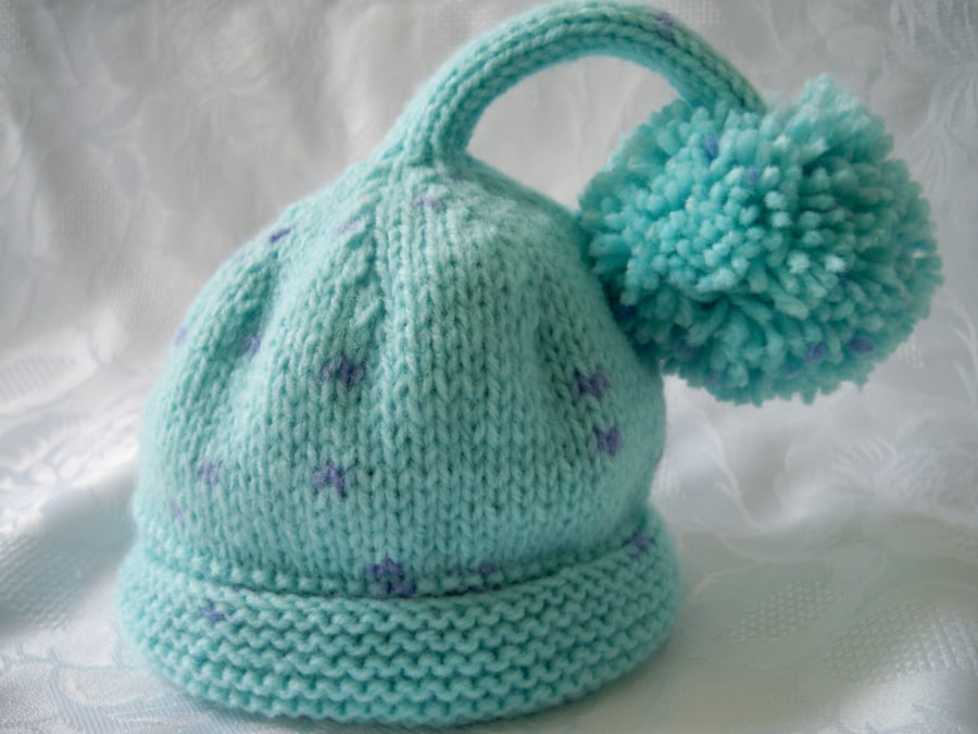Hand Knitted Aqua and Purple spot Newborn Pixie Hat ''NEW'' 