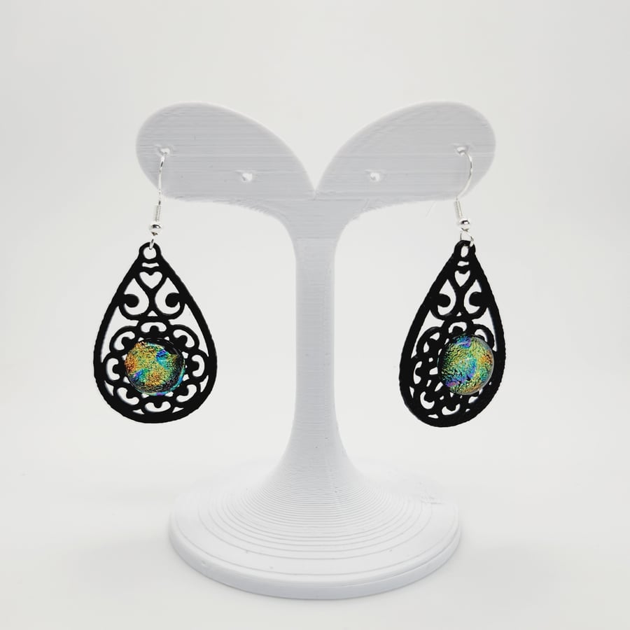 Fused Glass Cabochon Dangling Earrings set on 3D Printed Bases