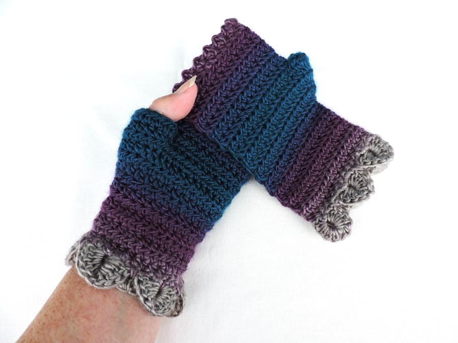Fingerless Mitts with Dragon Scale Peacock Blue Mauve Grey