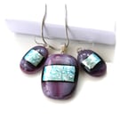 Dichroic Glass 124 Pendant Earring Set Amethyst LavenderSilver Plated Chain