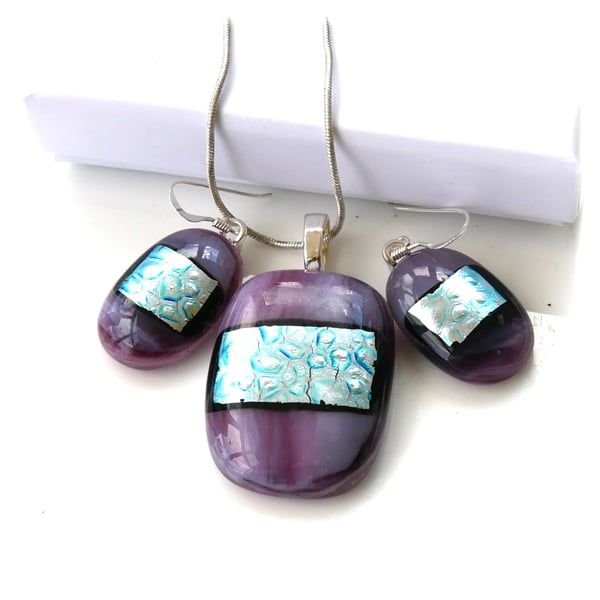 Dichroic Glass 124 Pendant Earring Set Amethyst LavenderSilver Plated Chain