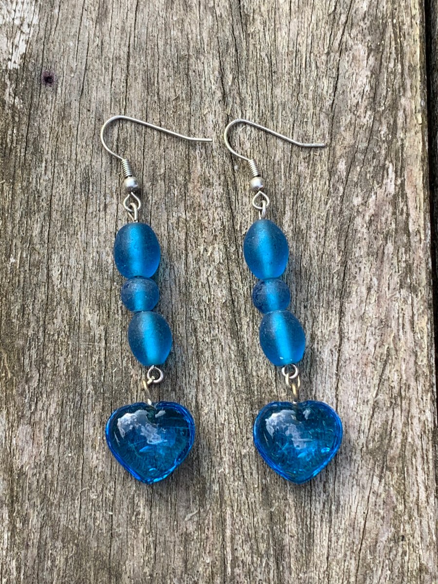 Blue heart and frosted glass bead earrings