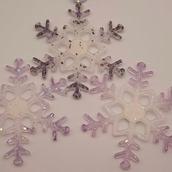 Three Handmade fused Glass Christmas Snowflakes Decorations Purple,Opaline
