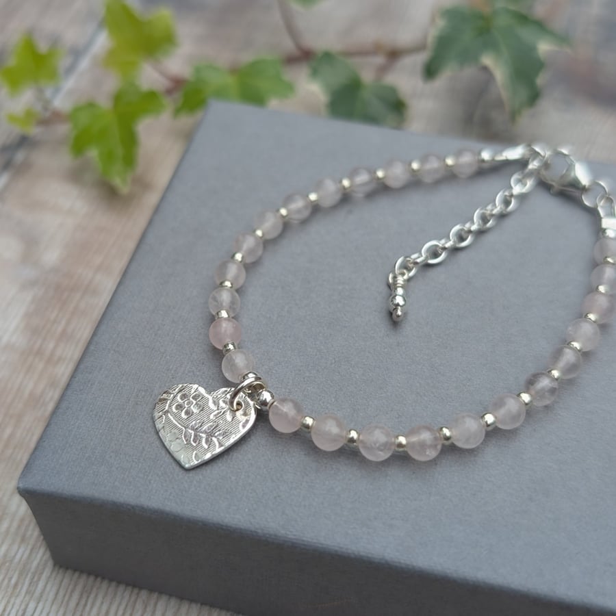 Rose Quartz Bracelet with Silver Floral Heart Charm - JBJ5030