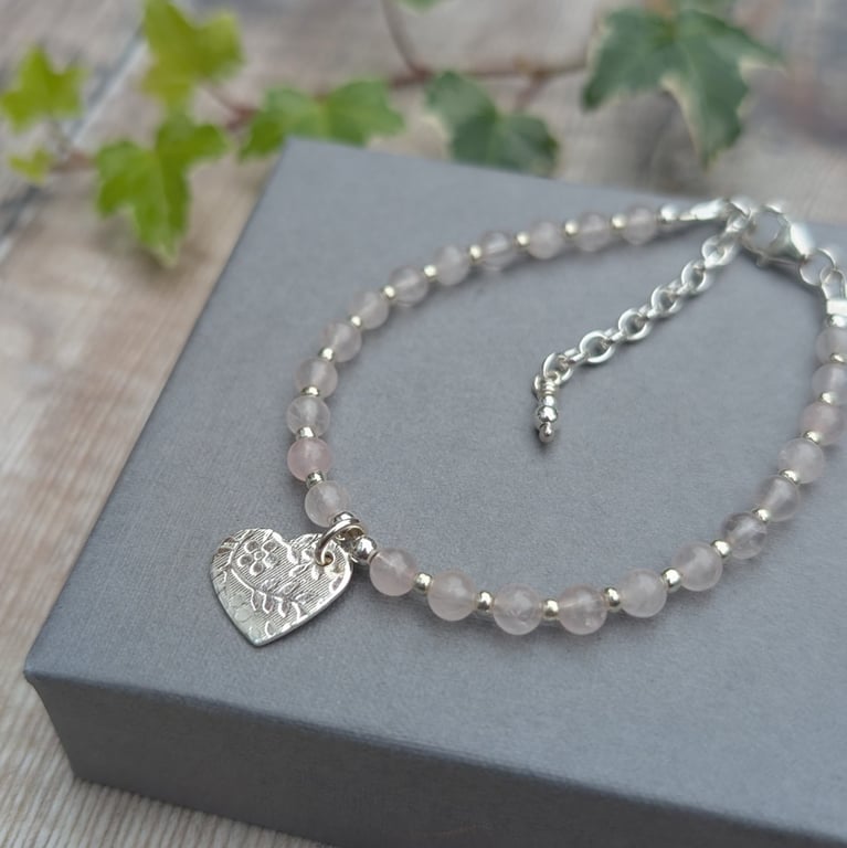 Rose Quartz Bracelet with Silver Floral Heart Charm - JBJ5030