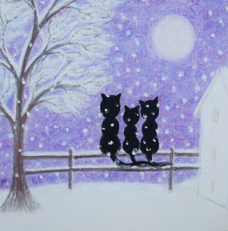 Cat Christmas Card, Black Cats, Daughter Purple Art Card, Snow Tree Moon, winter