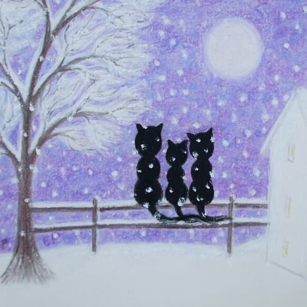 Cat Christmas Card, Black Cats, Daughter Purple Art Card, Snow Tree Moon, winter