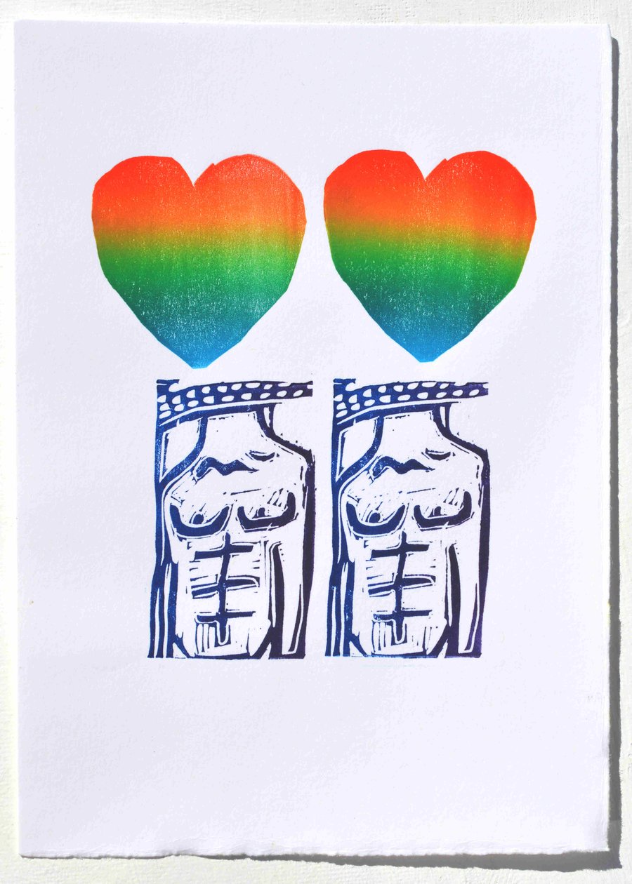 Love is Love summer of love hand printed lino print LGBTQ