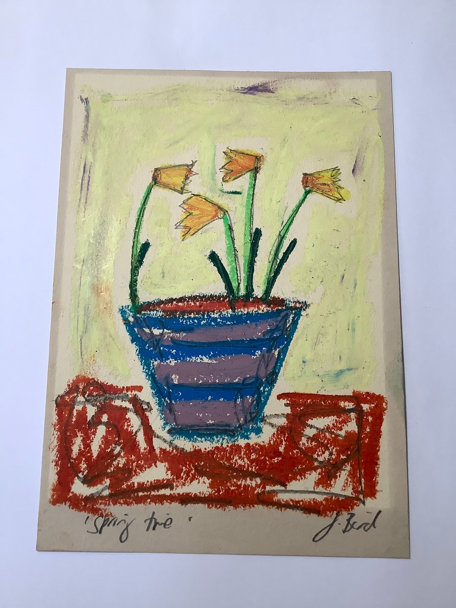 Spring Time. Daffodils. Oil pastel drawing. Original art. Happy. Wall decor.