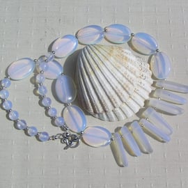 SALE - Crystal Gemstone Statement Fan Necklace, Opalite & White Sea Glass
