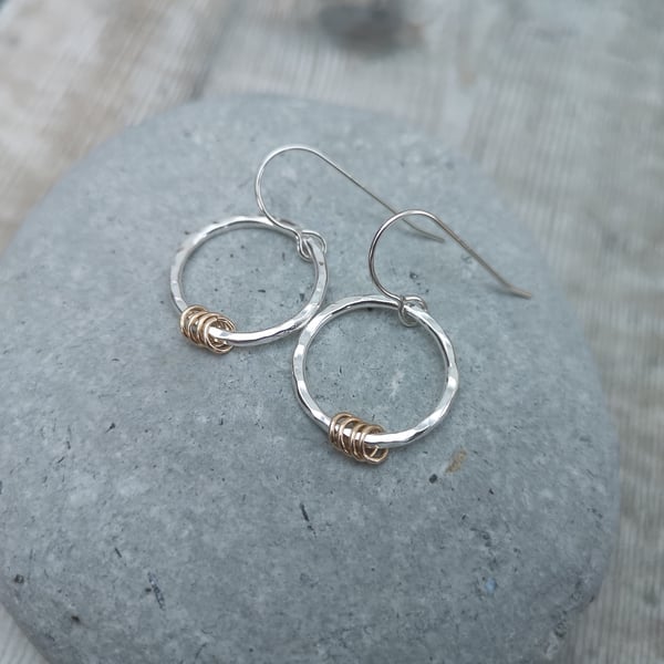 Sterling Silver and Gold Hammered Circle Earrings