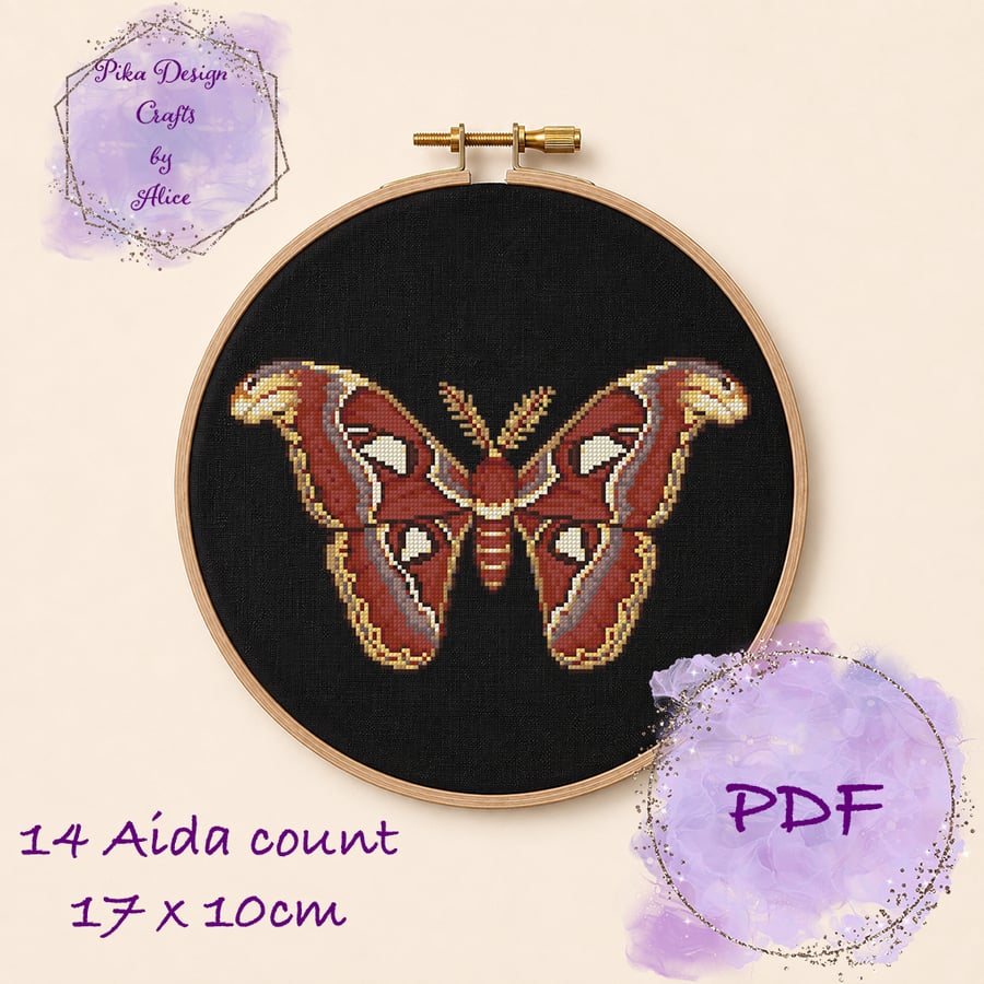 Image of Atlas moth counted cross stitch pattern emailed pdf