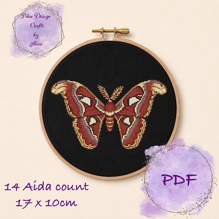 Atlas moth counted cross stitch pattern emailed pdf