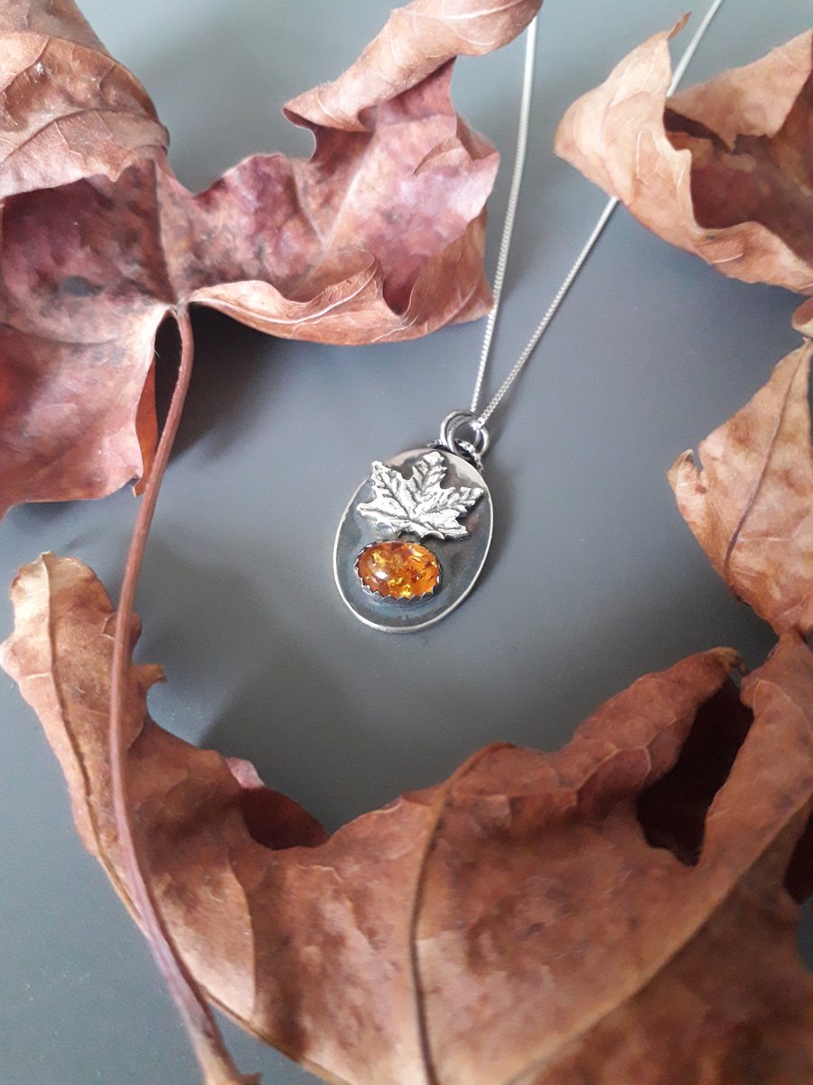 Maple Leaf Amber necklace, autumn, Halloween silver jewellery 