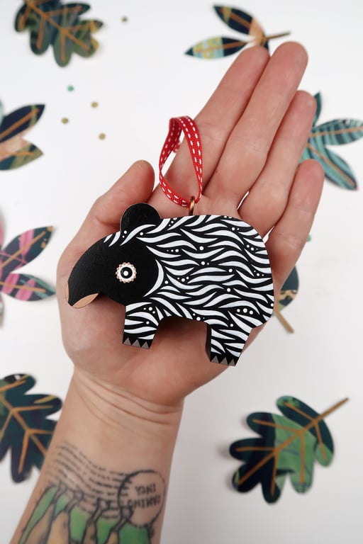 Malayan tapir Christmas tree hanging decorations, cute animal stocking filler.