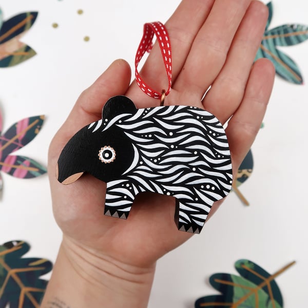 Malayan tapir Christmas tree hanging decorations, cute animal stocking filler.