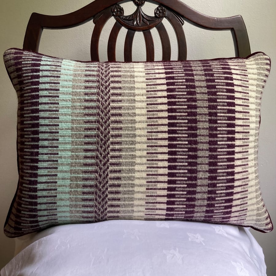 Rosanna cushion: Aubergine, Minty Green & Ecru. Handwoven in Wales