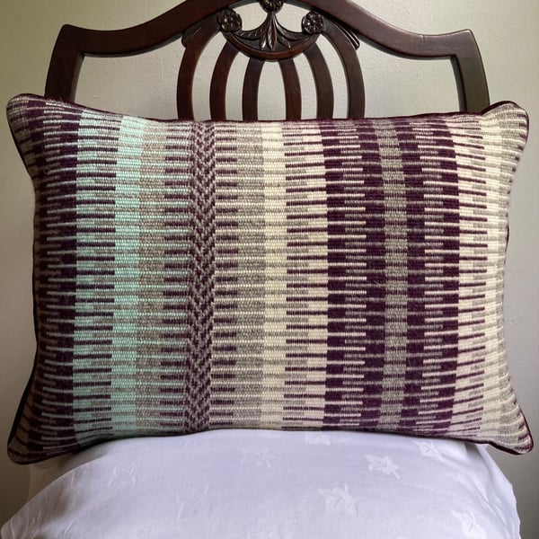 Rosanna cushion: Aubergine, Minty Green & Ecru. Handwoven in Wales