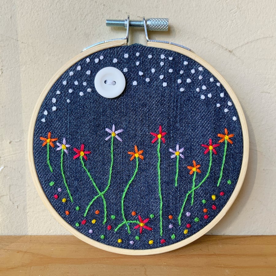 Recycled Denim. Embroidered Hoop. Wildflowers. Flowers. Meadows.
