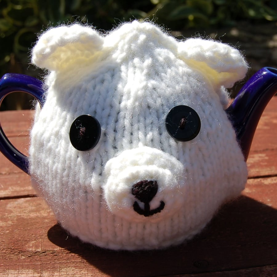 Baby Polar Bear tea cosy - hand knitted - to fit a small one cup  teapot 