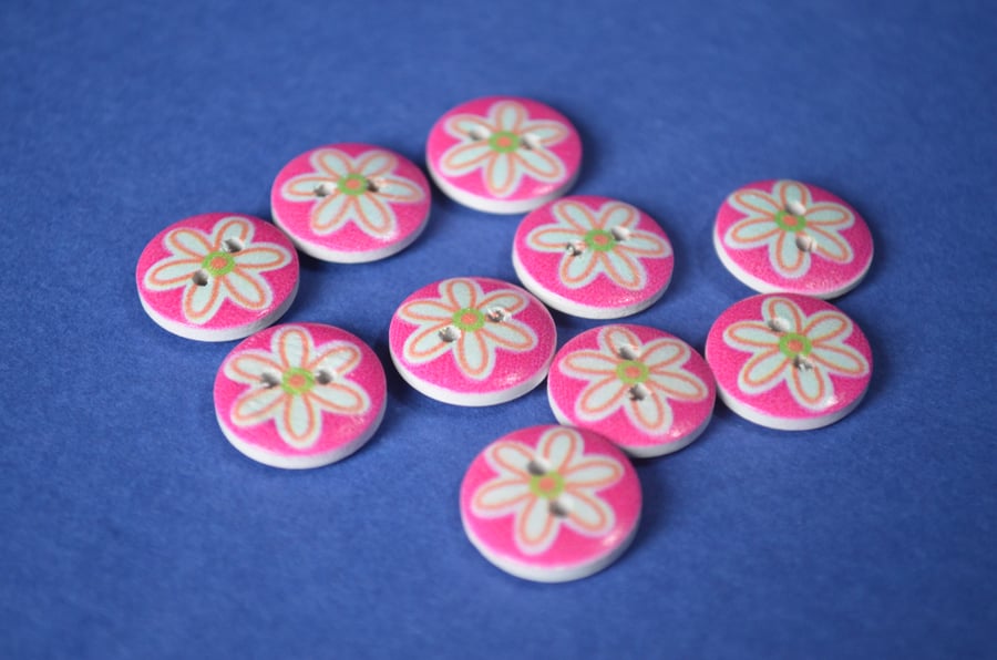 15mm Wooden Floral Buttons Cute Hot Pink & Aqua Flower 10pk Flowers (SF40)