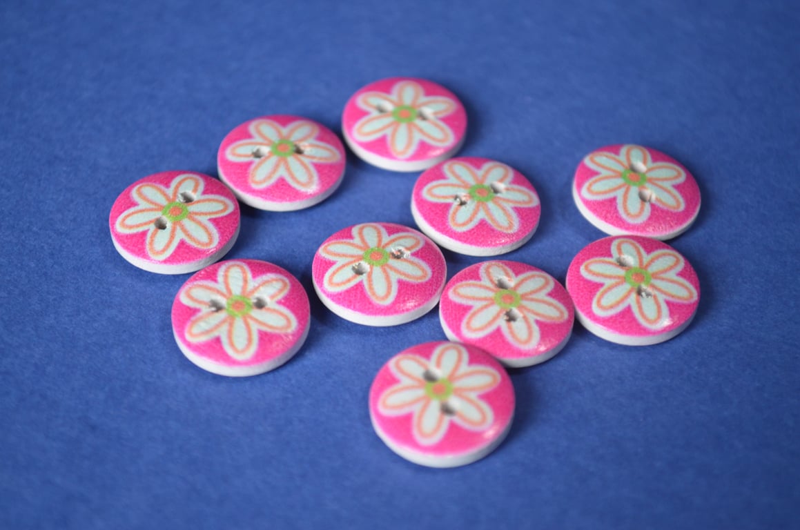 15mm Wooden Floral Buttons Cute Hot Pink & Aqua Flower 10pk Flowers (SF40)