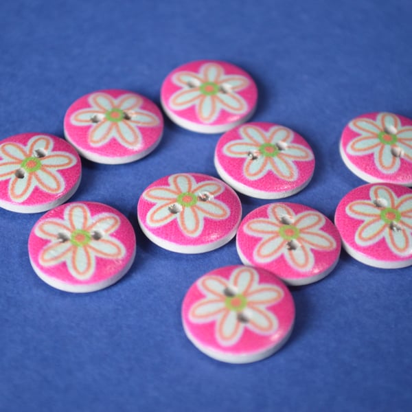 15mm Wooden Floral Buttons Cute Hot Pink & Aqua Flower 10pk Flowers (SF40)