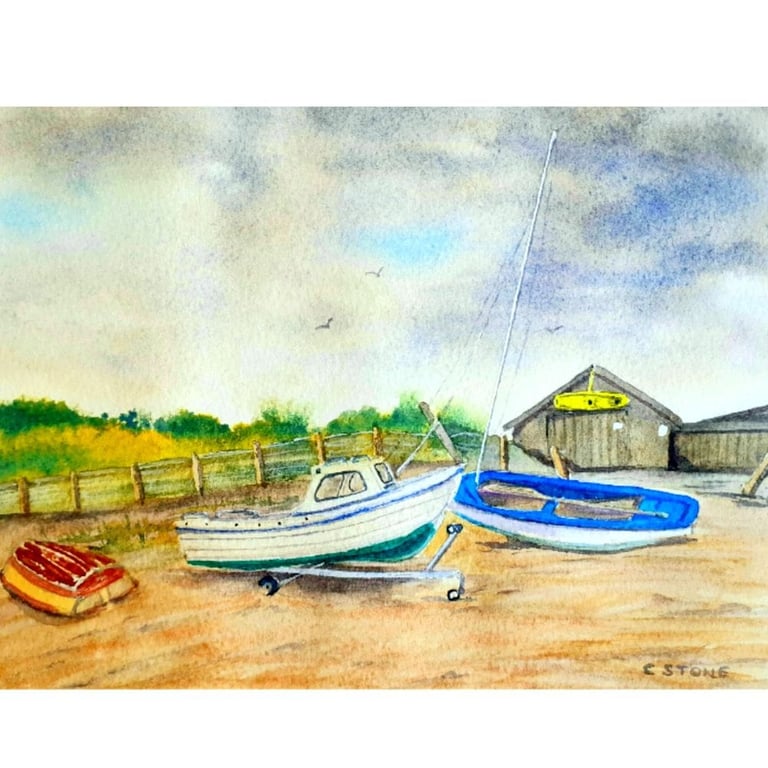 Boats On A Cornish Beach watercolour painting