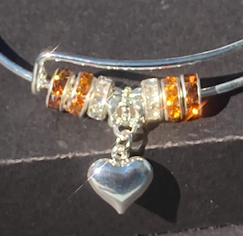 Adjustable Expandable Silver Heart Charm Bangle with Coordinated Amber Bead Set
