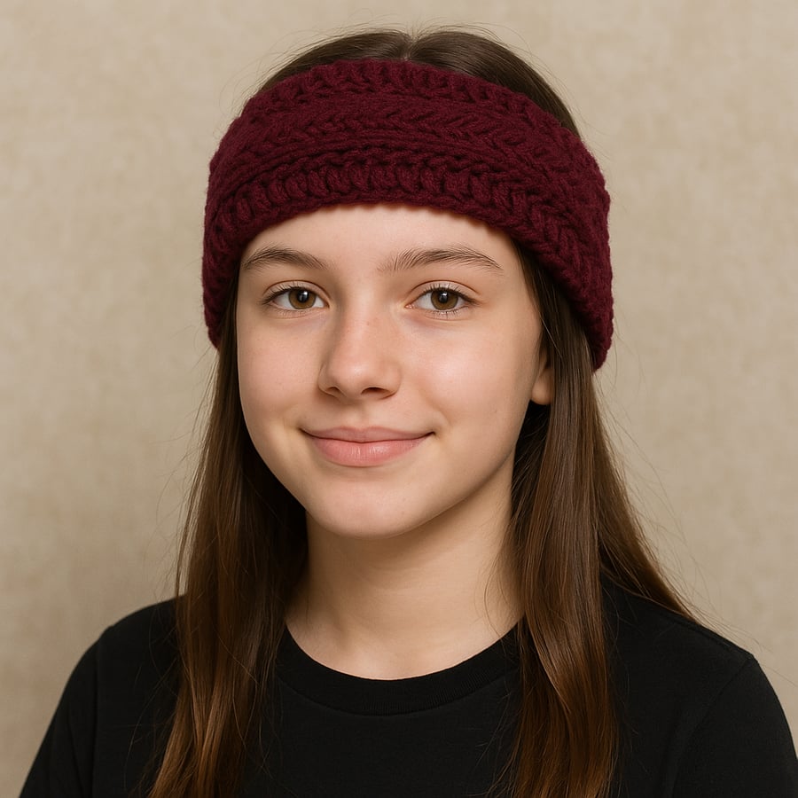 maroon burgundy handknitted earwarmers lacy pattern headband