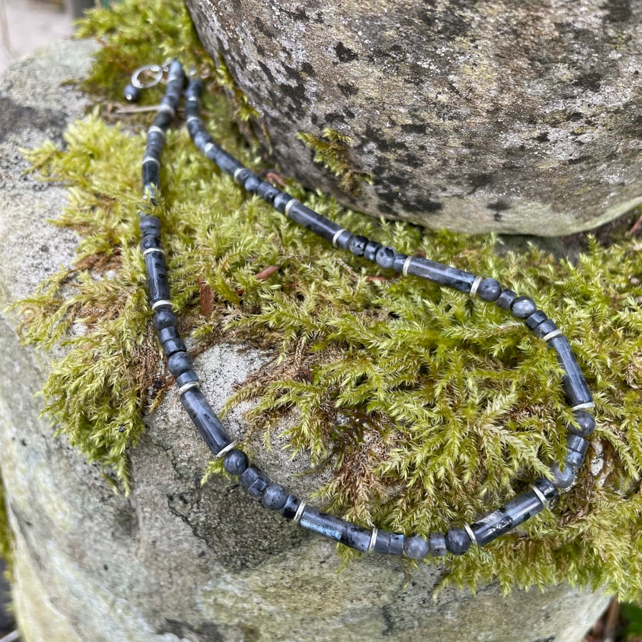 Silver and black labradorite necklace larvikite beads