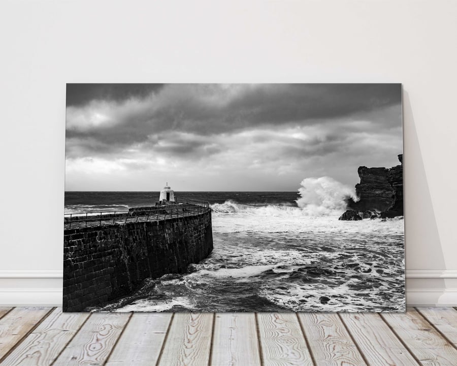 Portreath on a stormy day, Cornwall. Canvas picture print. 14"x10" (18mm depth)