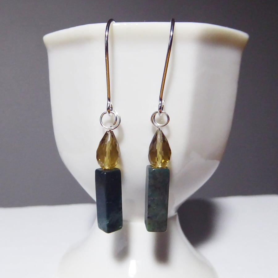 Sterling Silver Earrings Dk Green Indian Agate Candle Faceted Honey Quartz Flame