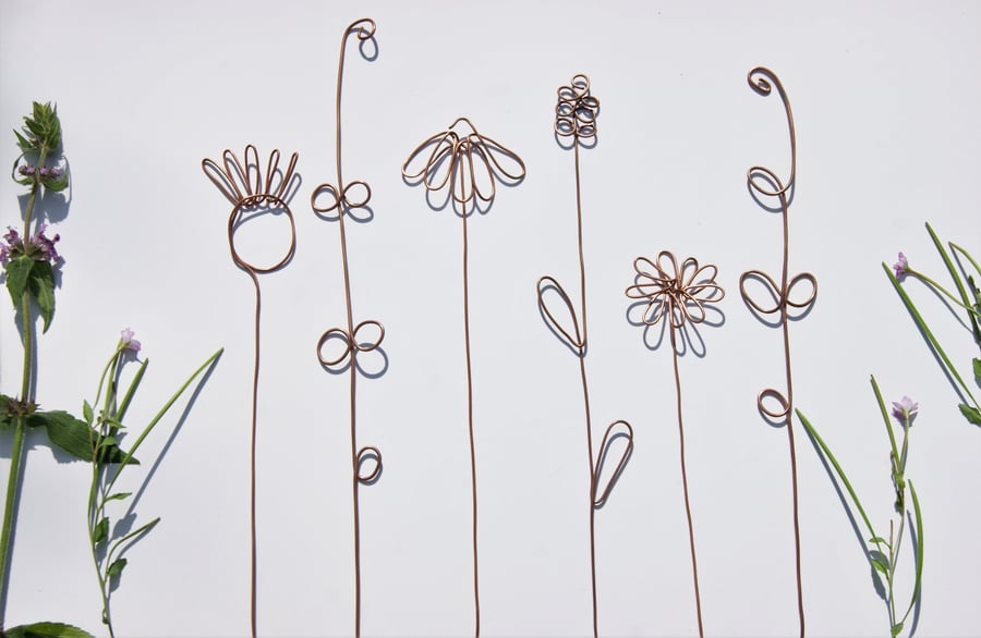 Set of 5 flat wire flowers - everlasting copper flowers - valentines day 
