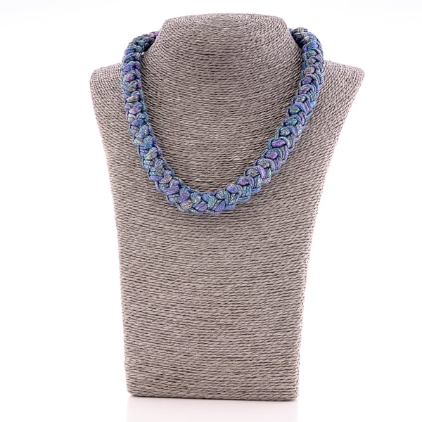 Crochet Iridescent Statement Necklace – Purple, Teal & Blue Tones